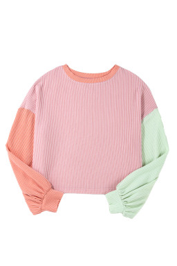 Multicolour Corded Colorblock Patchwork Drop Shoulder Long Sleeve Top