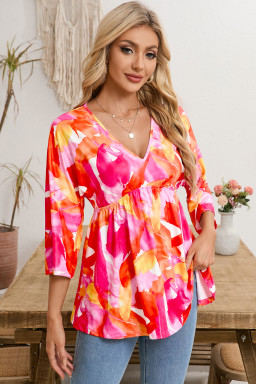 Orange Abstract Print 3/4 Sleeve V Neck Ruffled Babydoll Blouse