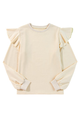 Jet Stream Plain Ruffle Shoulder Long Sleeve Top