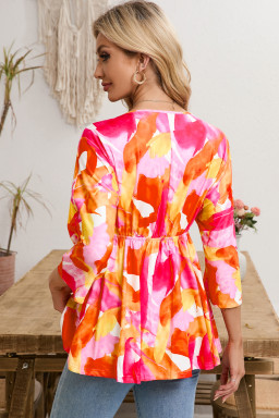 Orange Abstract Print 3/4 Sleeve V Neck Ruffled Babydoll Blouse