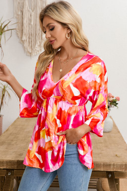 Orange Abstract Print 3/4 Sleeve V Neck Ruffled Babydoll Blouse