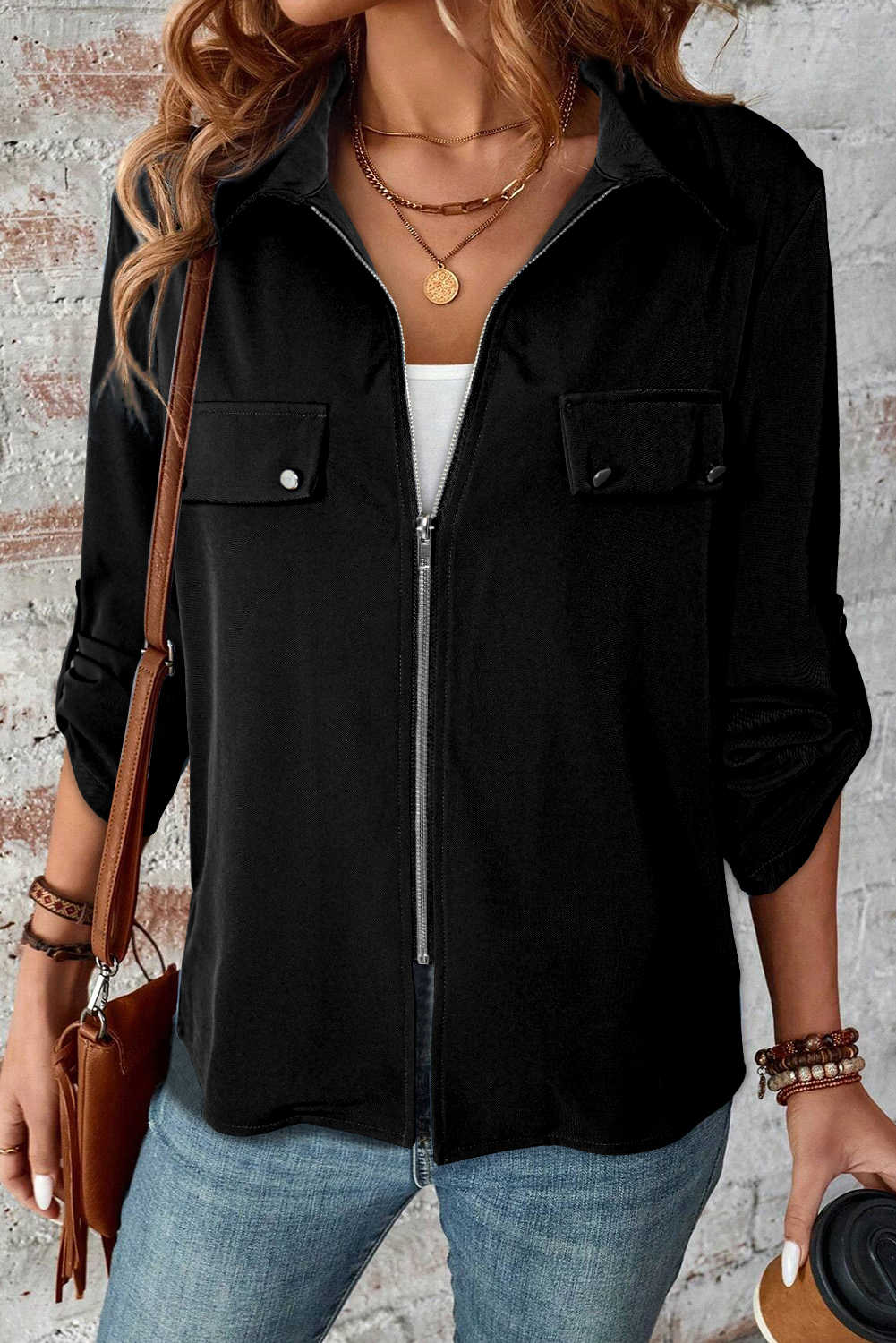 Black Collar Tab Sleeve Zip Up Jacket
