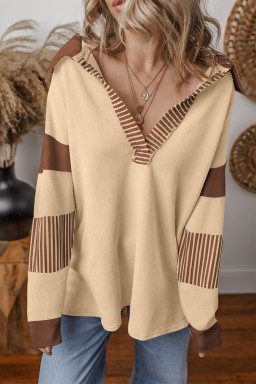 Light French Beige Striped Patchwork Collar Sweatshirt