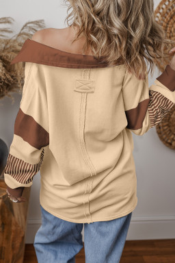 Light French Beige Striped Patchwork Collar Sweatshirt