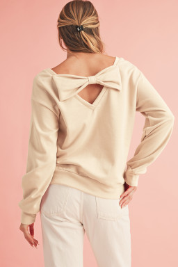 Apricot Bowknot Plain Round Neck Sweatshirt