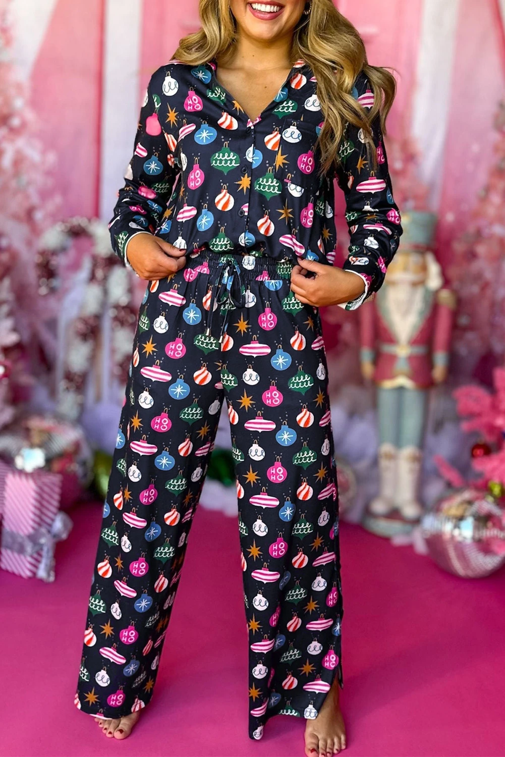 Plus Contrast Sleeve Christmas Print Top & Gingham Pants PJ Set