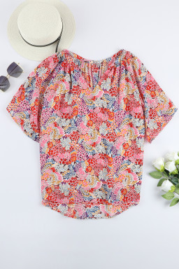 Multicolor Gorgeous Notch V Neck Short Sleeve Floral Blouse