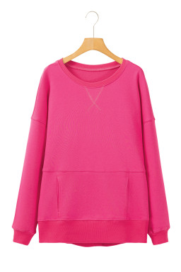 Rose Red Kangaroo Pocket Loose Fit Drop Shoulder Sweatshirt