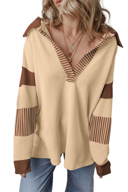 Light French Beige Striped Patchwork Collar Sweatshirt