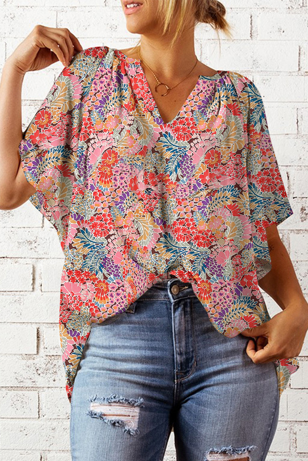 Multicolor Gorgeous Notch V Neck Short Sleeve Floral Blouse
