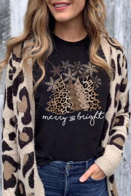 Black Leopard Christmas Tree Heat Transfer Printing Crew Neck Graphic T Shirt