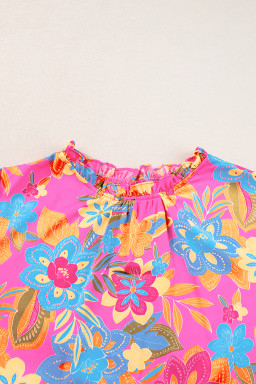 Rose Plus Size Floral Print Frill Neck Smocked Puff Sleeve Blouse