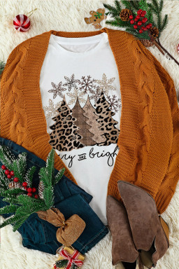 White Leopard Christmas Tree Heat Transfer Printing Crew Neck Graphic Tee