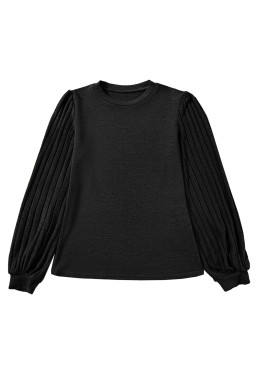Black Solid Color Contrast Ribbed Bishop Sleeve Top