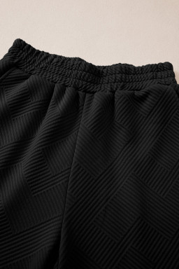 Black Plain Textured Collared V Neck Top and Wide Leg Pants Set