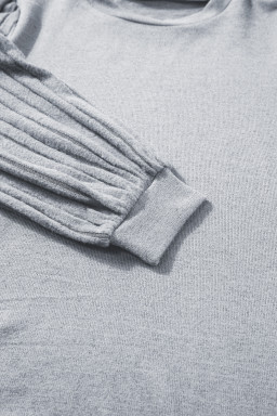 Gray Solid Color Contrast Ribbed Bishop Sleeve Top