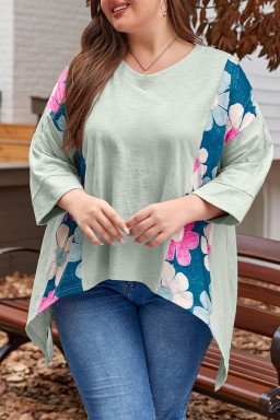 Green Plus Size Flower Patchwork Exposed Seam High Low Top