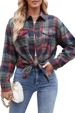 Dark Blue Plaid Chest Pocket Button Front Shirt