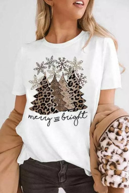 White Leopard Christmas Tree Heat Transfer Printing Crew Neck Graphic Tee