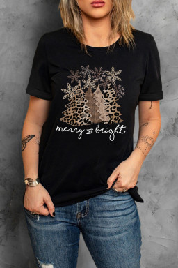 Black Leopard Christmas Tree Heat Transfer Printing Crew Neck Graphic T Shirt