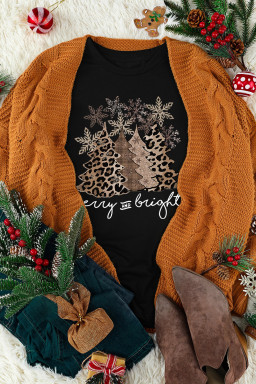 Black Leopard Christmas Tree Heat Transfer Printing Crew Neck Graphic T Shirt
