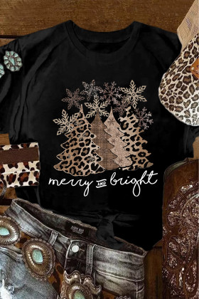 Black Leopard Christmas Tree Heat Transfer Printing Crew Neck Graphic T Shirt