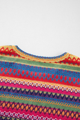 Red Ethnic Striped Print Long Sleeve Plus Size Knit Top