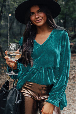 Sea Green Velvet V Neck Puff Sleeve Peplum Blouse