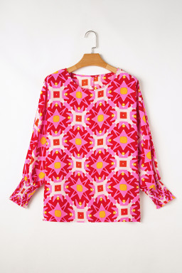 Strawberry Pink Abstract Print Shirred Cuff Loose Blouse