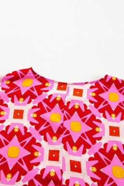 Strawberry Pink Abstract Print Shirred Cuff Loose Blouse