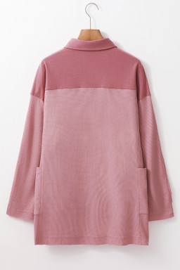 Pink Waffle Patchwork Drop Sleeve Henley Top