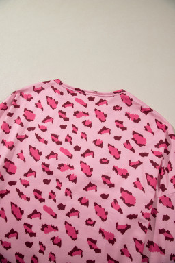Pink Leopard Stitching Loose Long Sleeve Top