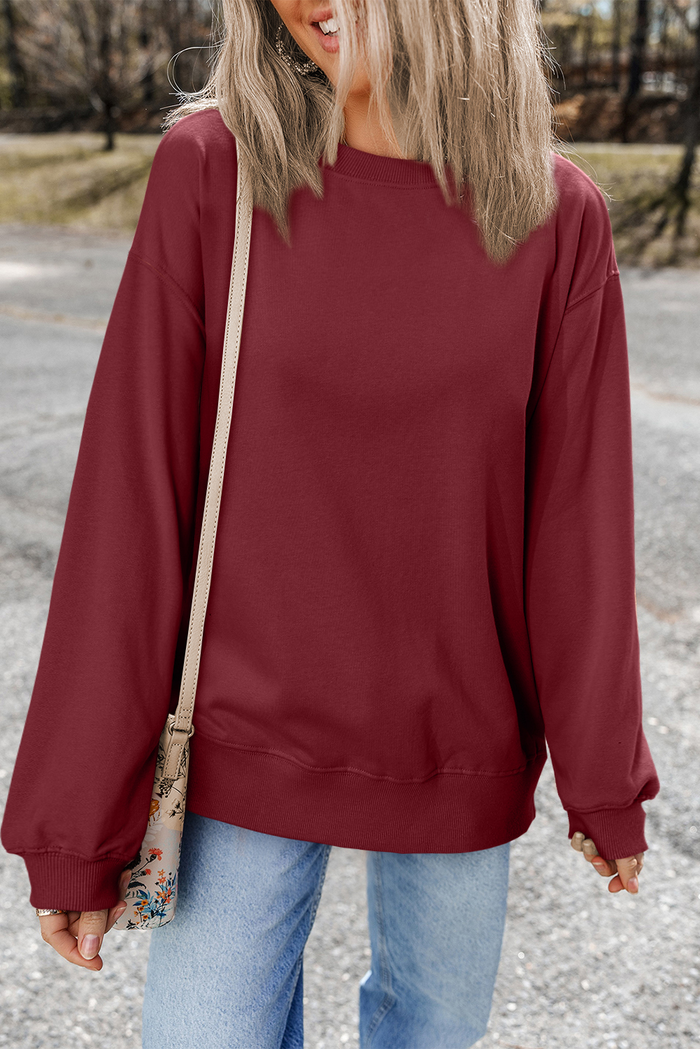 Brown Plain Drop Shoulder Crew Neck Pullover Sweatshirt