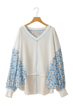 White Abstract Patchwork Waffle V Neck Dolman Top