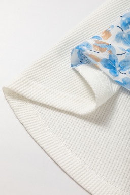 White Abstract Patchwork Waffle V Neck Dolman Top