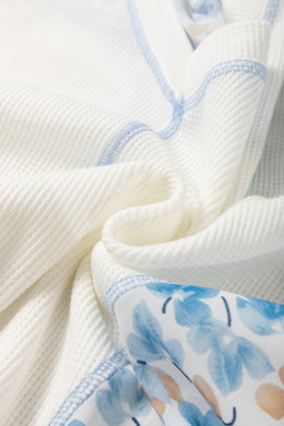 White Abstract Patchwork Waffle V Neck Dolman Top