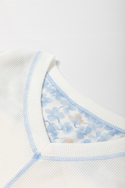 White Abstract Patchwork Waffle V Neck Dolman Top