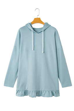 Iceland Blue Solid Ruffled Hem Loose Fit Tunic Hoodie