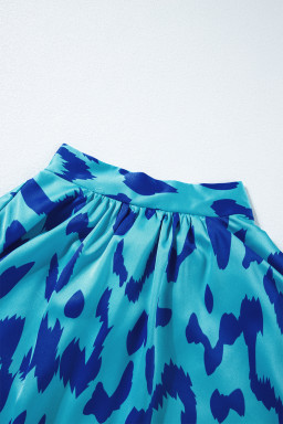 Blue Leopard Print Loose Batwing Sleeve Mock Neck Blouse