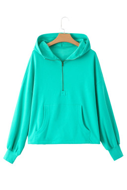 Aruba Blue Half Zipper Kangaroo Pockets Drop Shoulder Hoodie