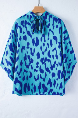 Blue Leopard Print Loose Batwing Sleeve Mock Neck Blouse