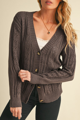 Dark Khaki Hollow Knit Drop Shoulder Cardigan