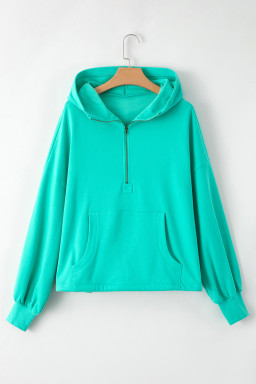 Aruba Blue Half Zipper Kangaroo Pockets Drop Shoulder Hoodie
