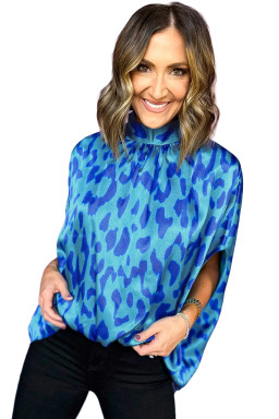 Blue Leopard Print Loose Batwing Sleeve Mock Neck Blouse
