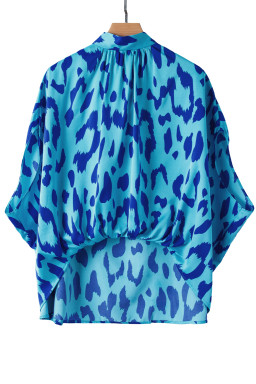 Blue Leopard Print Loose Batwing Sleeve Mock Neck Blouse