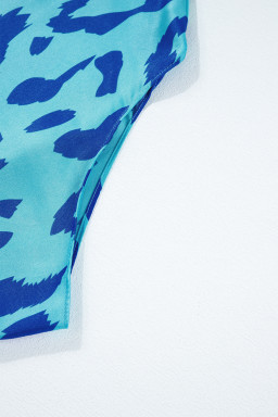 Blue Leopard Print Loose Batwing Sleeve Mock Neck Blouse