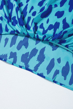 Blue Leopard Print Loose Batwing Sleeve Mock Neck Blouse