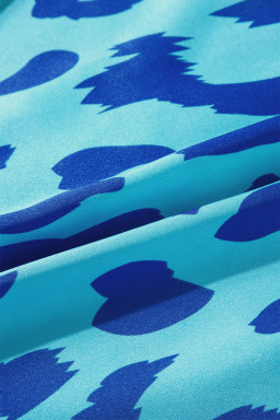 Blue Leopard Print Loose Batwing Sleeve Mock Neck Blouse