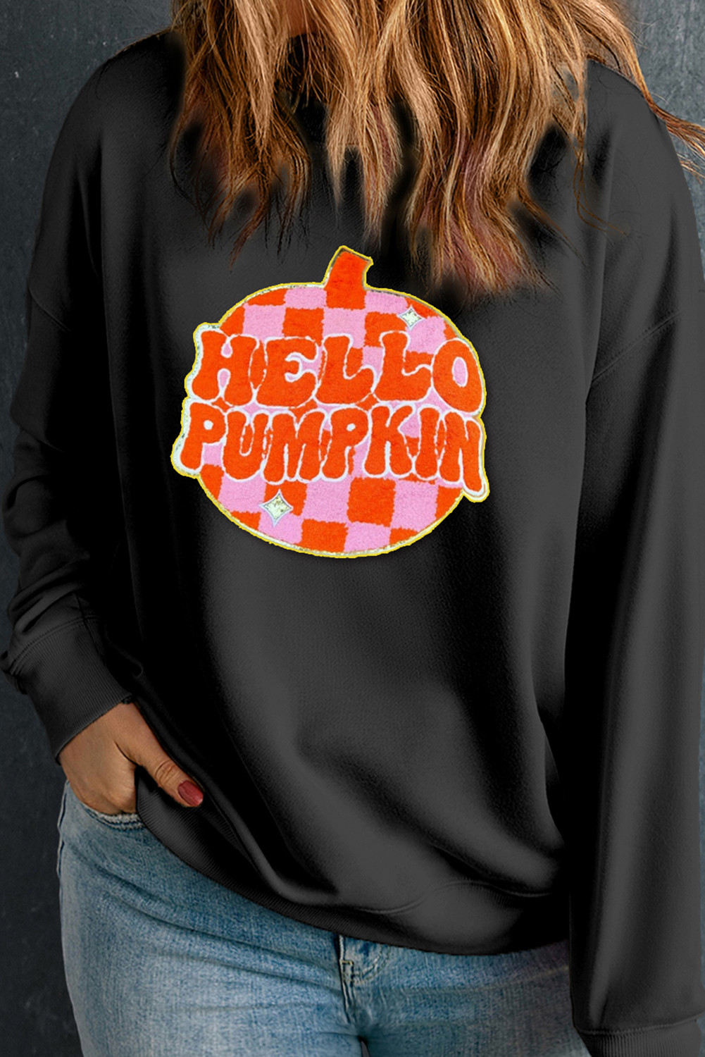 Black Plus Size Hello Pumpkin Pattern Halloween Sweatshirt