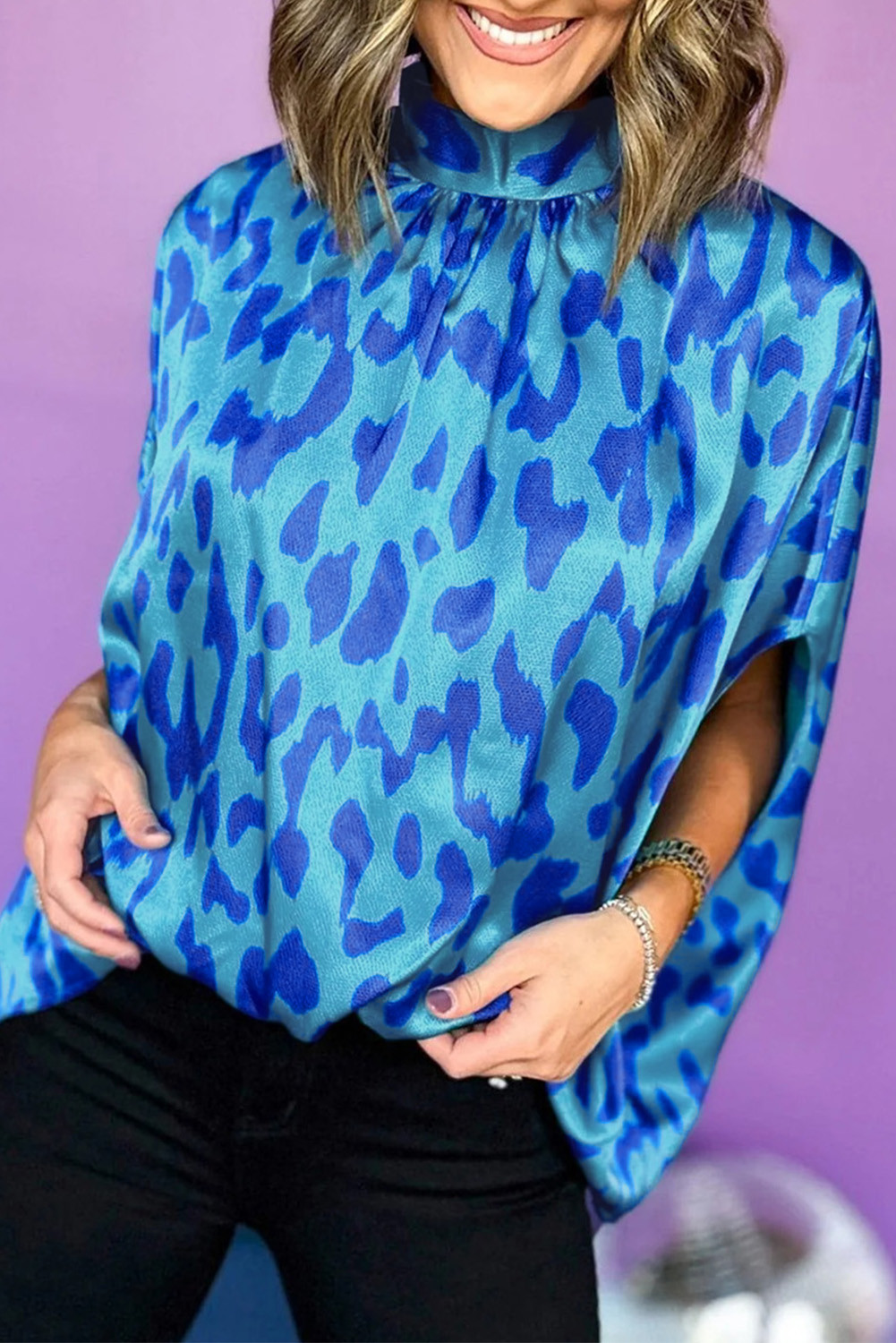 Blue Leopard Print Loose Batwing Sleeve Mock Neck Blouse